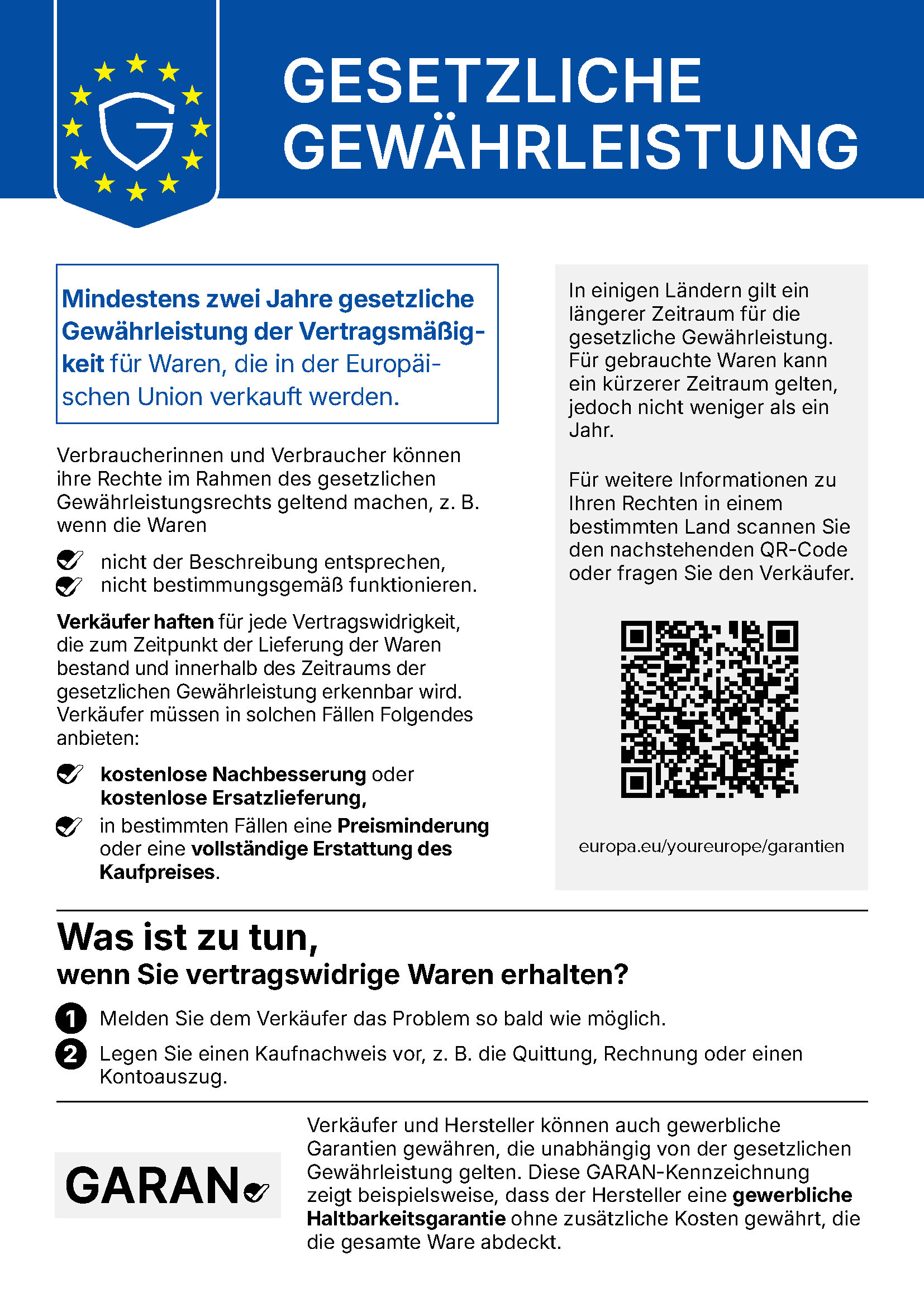 Offizieller EU-Hinweis auf die gesetzliche Gewährleistung: Mindestens 2 Jahre gesetzliche Gewährleistung beim Kauf von Waren in der EU